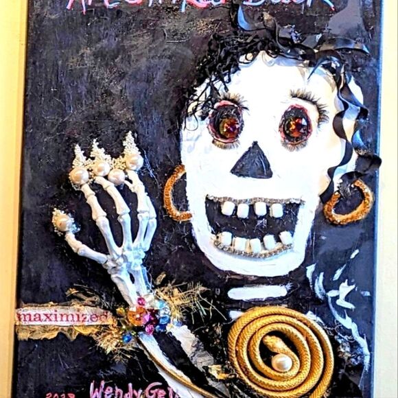 Wendy Gell 3 dimensional on canvas "Art Strikes Back' skull jeweled eyes hand - Picture 2 of 3